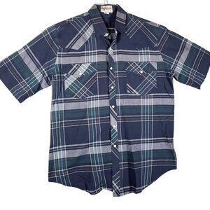 Men's Western Pearl Snap Shirt Blue Green Plaid Short Sleeves Size Large